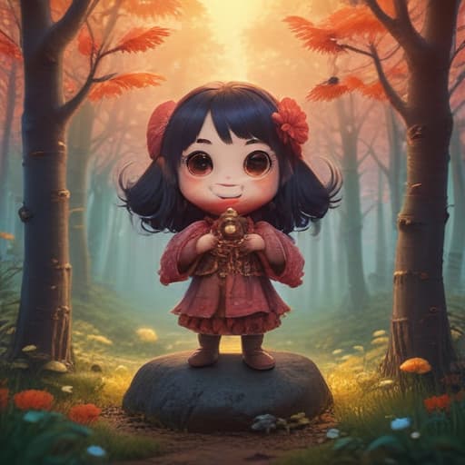 The image prompt features a whimsical creature named Kokis, with a mischievous smile and vibrant, swirling colors. Kokis has multiple arms, each holding a different item: a magic wand, a crystal ball, a feather, and a golden key. The background is a mystical forest filled with glowing fireflies and sparkling streams. The overall style is detailed and enchanting, reminiscent of the digital art by Akina Fujiwara. The attribute of Kokis is "laugh," portrayed through its joyful expression and playful pose. fantastical creatures or characters inspired by mythology, folklore, or popular culture. use vibrant colors, sharp lines, intricate details, dynamic poses, dramatic lighting, atmospheric backgrounds, and blend anime, manga, and Western comic 