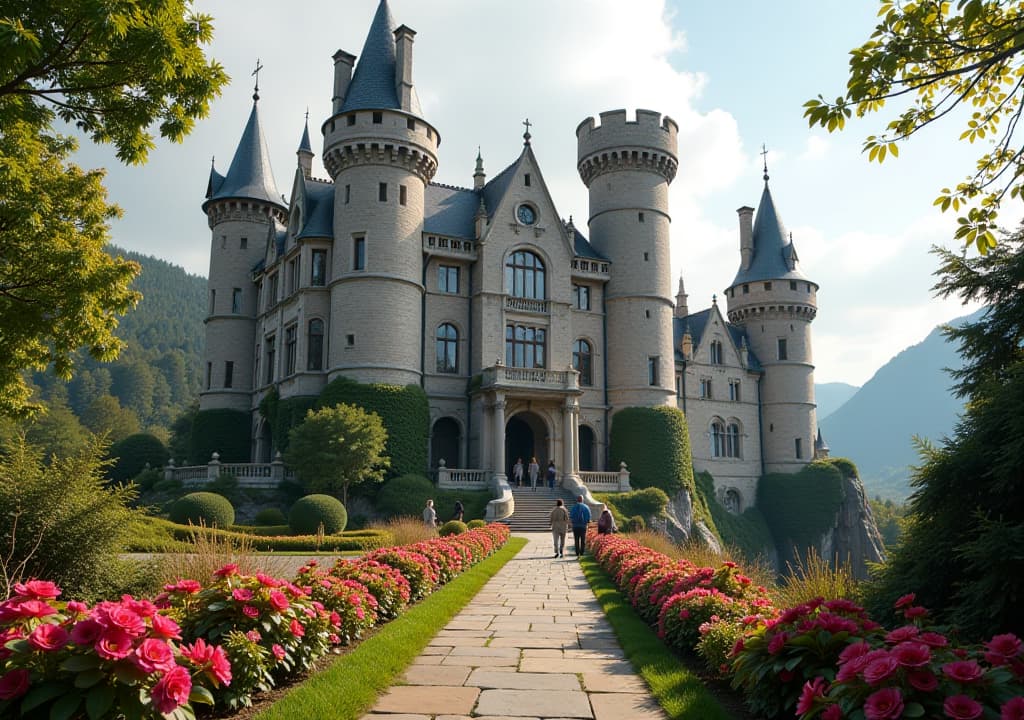  a majestic view of casa loma, showcasing its towering turrets and intricate stonework, surrounded by beautifully landscaped gardens in full bloom, with visitors exploring the castle's ornate rooms and secret passages, creating a lively yet serene atmosphere. hyperrealistic, full body, detailed clothing, highly detailed, cinematic lighting, stunningly beautiful, intricate, sharp focus, f/1. 8, 85mm, (centered image composition), (professionally color graded), ((bright soft diffused light)), volumetric fog, trending on instagram, trending on tumblr, HDR 4K, 8K