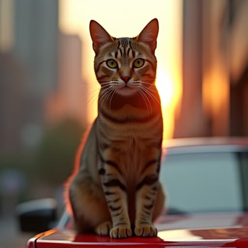  in a mesmerizing display of feline grace, hemule, the anthropomorphic light brown tabby cat, perches atop the roof of a sleek red car. their rebellious aura blends effortlessly with the urban backdrop, embodying a tough yet charismatic persona. the mix of brown, black, and grey stripes on hemule's fur glistens under the soft, ambient light, accentuating their striking green eyes that seem to pierce through the scene. immaculately styled, hemule exudes an edgy vibe as they survey their surroundings with a cool confidence. the setting sun casts a warm glow, painting the scene in hues of crimson and gold, enhancing the mysterious allure of this enigmatic character. style: soft, flowing strokes hyperrealistic, full body, detailed clothing, highly detailed, cinematic lighting, stunningly beautiful, intricate, sharp focus, f/1. 8, 85mm, (centered image composition), (professionally color graded), ((bright soft diffused light)), volumetric fog, trending on instagram, trending on tumblr, HDR 4K, 8K