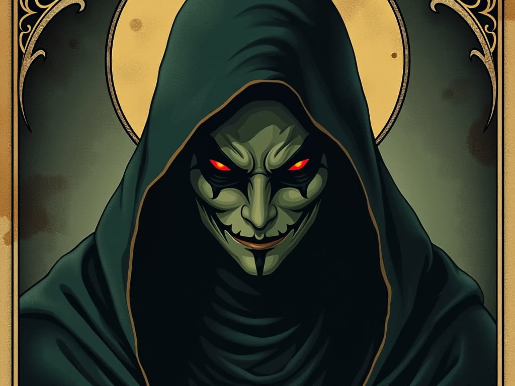  masked figure in shadow, faint smirk, eyes dimly glowing with malice, cold, hostile atmosphere, delicate balance of a façade. an illustration in the style of a worn, mystical old tarot trump card, mysterious and elements of surrealism. the colors are muted, somber and eerie, but with contrast bring out an occult and esoteric vibe.