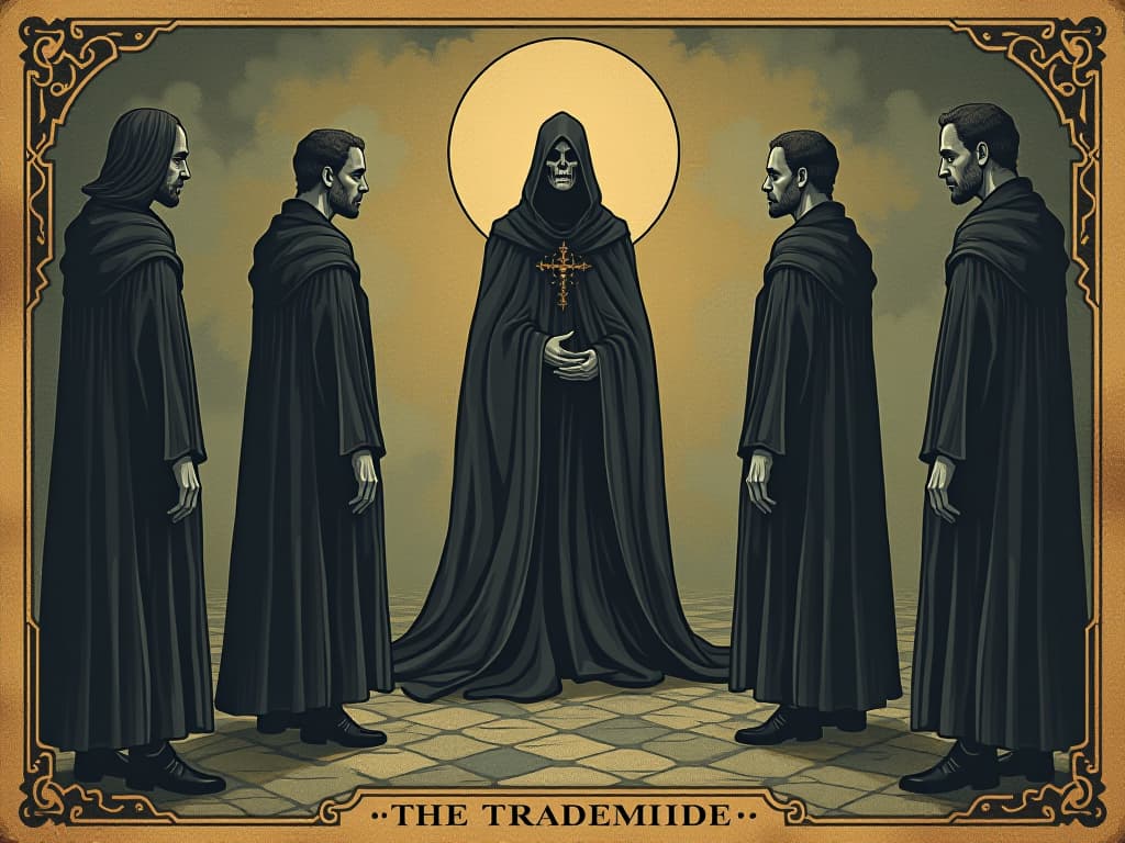  hesitant postures of people, stepping back from a central figure, ambiguity in faces, visual tension, emotional distance. an illustration in the style of a worn, mystical old tarot trump card, mysterious and elements of surrealism. the colors are muted, somber and eerie, but with contrast bring out an occult and esoteric vibe.