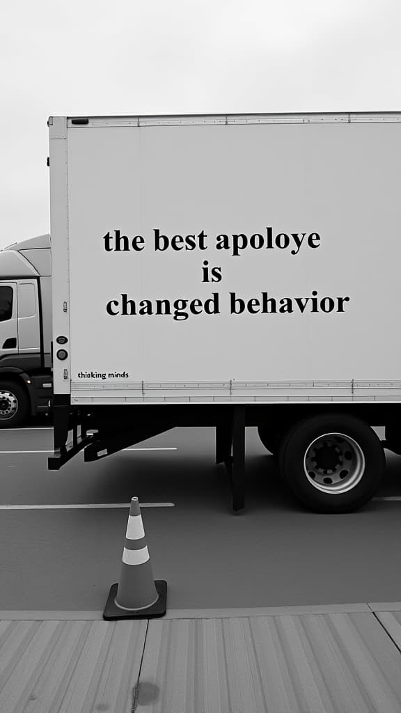  the image shows the side of a large truck, likely a moving truck or a delivery vehicle, with a message written on it in bold, uppercase black letters. the text reads: "the best apology is changed behavior." below this main text, in smaller, uppercase letters, there is a phrase that reads: "thinking minds." the photo is in black and white, and the truck is parked in an outdoor setting. there is another truck visible in the background, partially obscured by the first one. in the foreground, there is a traffic cone on the ground. the overall atmosphere is calm and neutral, with a focus on the message displayed on the truck.