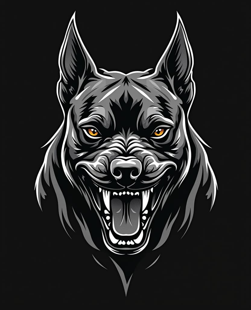  line art drawing the logo depicts a menacing pit bull with a snarling expression, bared teeth and piercing brown eyes on a dark black background, which creates a sense of harsh urbanism. the overall aesthetic should be rough, sharp and attention grabbing, combining the worlds of street art and high fashion. . professional, sleek, modern, minimalist, graphic, line art, vector graphics hyperrealistic, full body, detailed clothing, highly detailed, cinematic lighting, stunningly beautiful, intricate, sharp focus, f/1. 8, 85mm, (centered image composition), (professionally color graded), ((bright soft diffused light)), volumetric fog, trending on instagram, trending on tumblr, HDR 4K, 8K