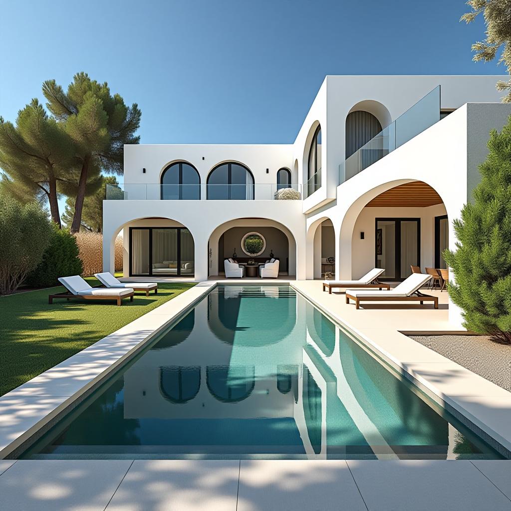  capture a hyperrealistic, unedited 8k photograph highlighting the stunningly beautiful ibicenco style, defined by white washed walls and rustic elegance in an outdoor setting that includes garden landscaping and intricate architectural details. the photograph should be professionally color graded with a symmetrical balance and hdr, using bright, soft, diffused sunlight to illuminate the scene. the infinity pool should be prominently featured, enhancing the indoor outdoor living experience. color grading should prioritize jungle mist (#b4cfd3) as the dominant color, complemented by monte carlo (#83d0c6) and accented with jagged ice (#c2e8e5). additional colors include half baked (#85c4cc) and quill gray (#d6d6d1) to enrich the visual texture