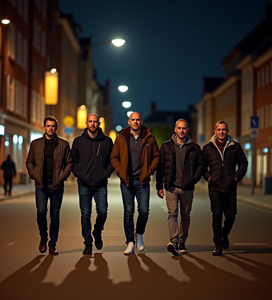  5 guys all aged 45 on their way home from a night out. they're all danes, different heights. one bald. location is copenhagen. time is 2 am. most bars still open.