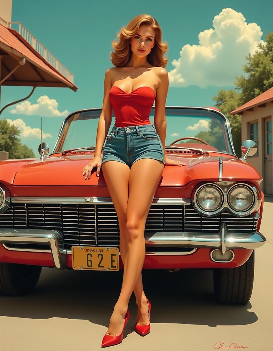  advertising poster style (masterpiece, 60's retro pinup poster style :1.2). strong retro clothes, full body, wide hips, high heel shoes. entourage garage, auto. high resolution. high detail. increased attention to fine detail, style of gil elvgren. . professional, modern, product focused, commercial, eye catching, highly detailed