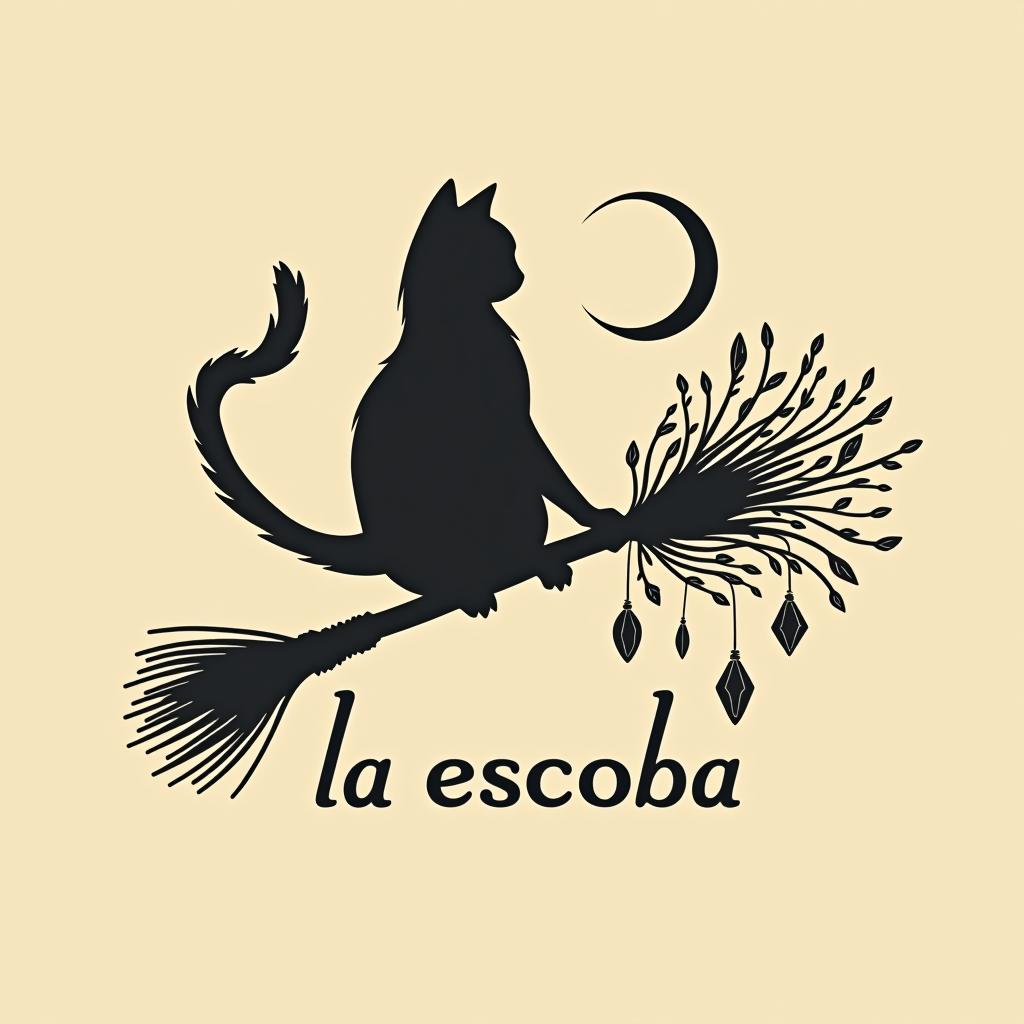  design a logo, in a minimalism style. witchy, moon, black cat silhouette riding on a broom, dried herbs hanging off broom, cottage core aesthetic, crystals,spells, with the text 'la escoba'.