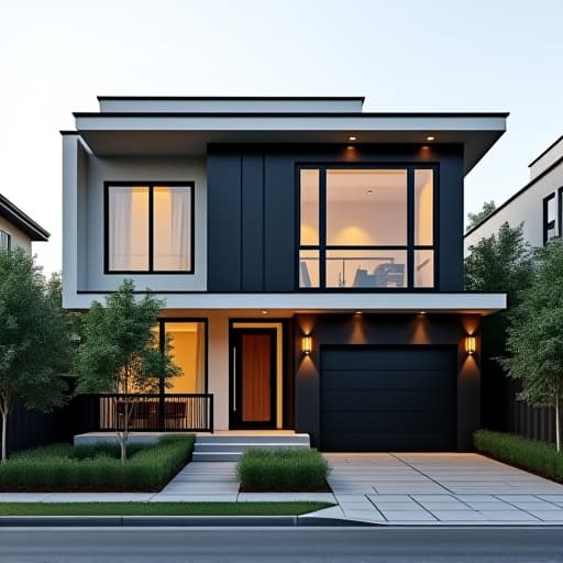  a contemporary urban house exterior with sleek black and white contrast; sharp lines, large windows, flat rooftop, and minimalistic landscaping.