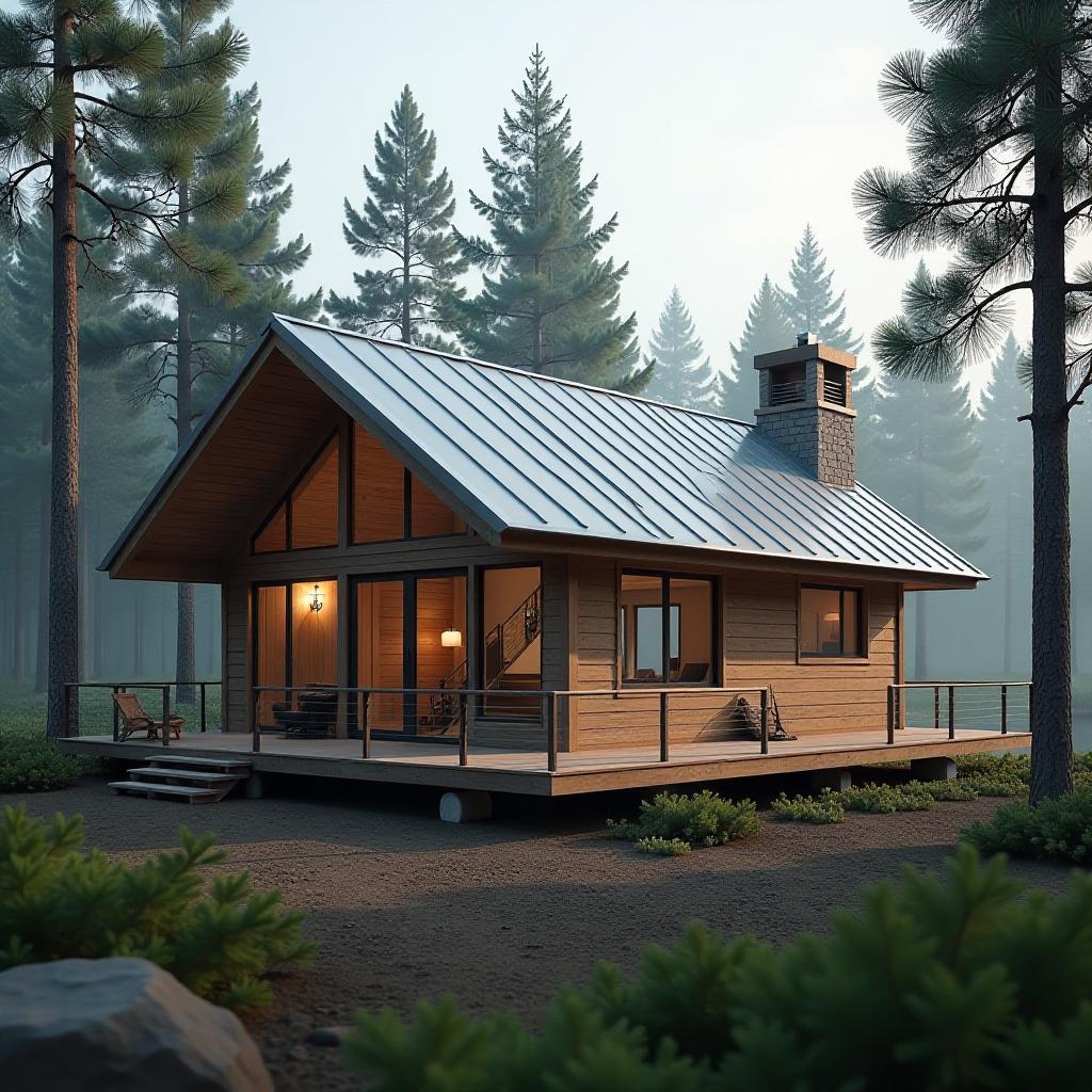  a recreation base, a cabin in the forest among pine trees, at the construction stage with a gray metal roof, panoramic windows, side entry, and railings on the terrace. hyperrealistic, full body, detailed clothing, highly detailed, cinematic lighting, stunningly beautiful, intricate, sharp focus, f/1. 8, 85mm, (centered image composition), (professionally color graded), ((bright soft diffused light)), volumetric fog, trending on instagram, trending on tumblr, HDR 4K, 8K