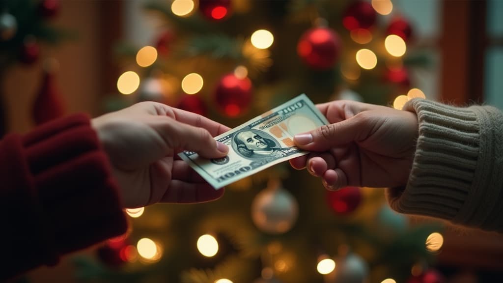  professional detailed photography, an image of two hands passing a wad of money against the backdrop of a new year's tree strewn with neon lights and toys, soft and cozy light, in the photo it is clear that a wad of money is being passed from hand to hand, but it is not clear what currency is in it ar 16:9, (muted colors, dim colors, soothing tones), (vsco:0.3)