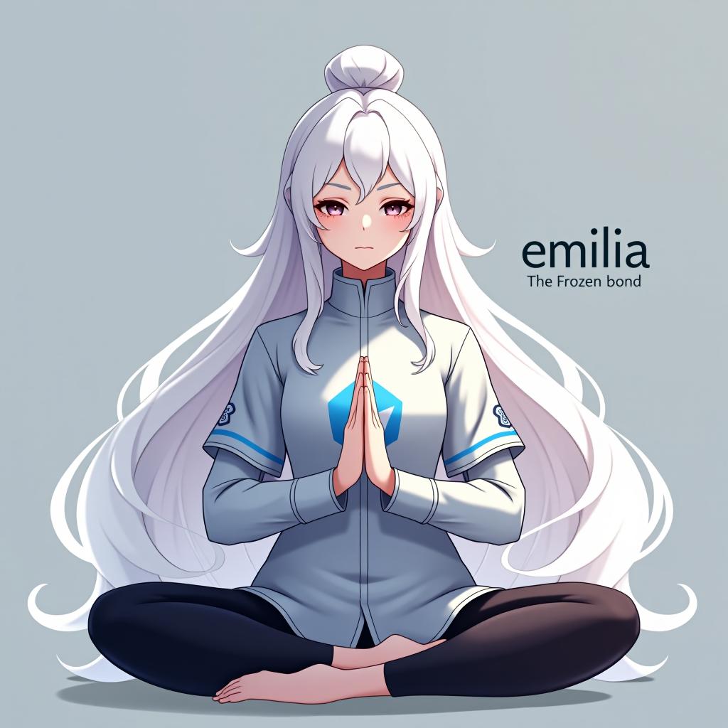  generate an ai image of a character inspired by emilia from re:zero starting life in another world the frozen bond. the character should have long white hair, an elegant and graceful look, and be wearing a shirt featuring the telegram logo. she should be depicted in a traditional indian namaste pose, radiating serenity and peace. keep the background minimalistic, and include the text 'emilia' in a stylish font near the character.