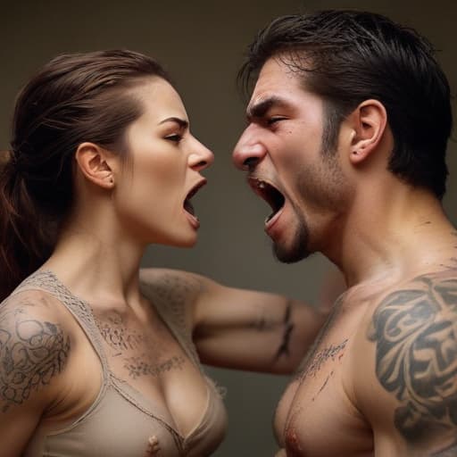 For this photo-realistic art piece, I have chosen to depict a man engaged in an intense and violent confrontation with a woman. The man is shown slapping the woman across the face, his hand raised high and captured in mid-swing. His face is contorted in rage as he screams at the woman, who is cowering in fear. The man is depicted as a muscular and intimidating figure, with a rugged and unkempt appearance. He is wearing a torn and dirty t-shirt, as well as several tattoos on his arms. His expression is filled with anger and aggression, with his eyes narrowed and his mouth twisted into a snarl. The woman, on the other hand, is shown as a fragile and vulnerable figure. She is completely nude, emphasizing her vulnerability and lack of protect