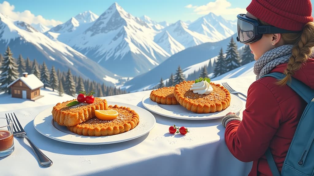  prompt: create an ultra realistic image showcasing the diverse culinary landscape on austria's ski slopes. include a colorful array of wiener schnitzels presented in both simple mountain huts and upscale restaurants. highlight the importance of regional dishes in tourism by incorporating ski slopes, snow covered mountains, and international visitors enjoying the culinary delights. ensure anatomical accuracy of the schnitzels, paying attention to details like breadcrumbs, tender veal, and golden