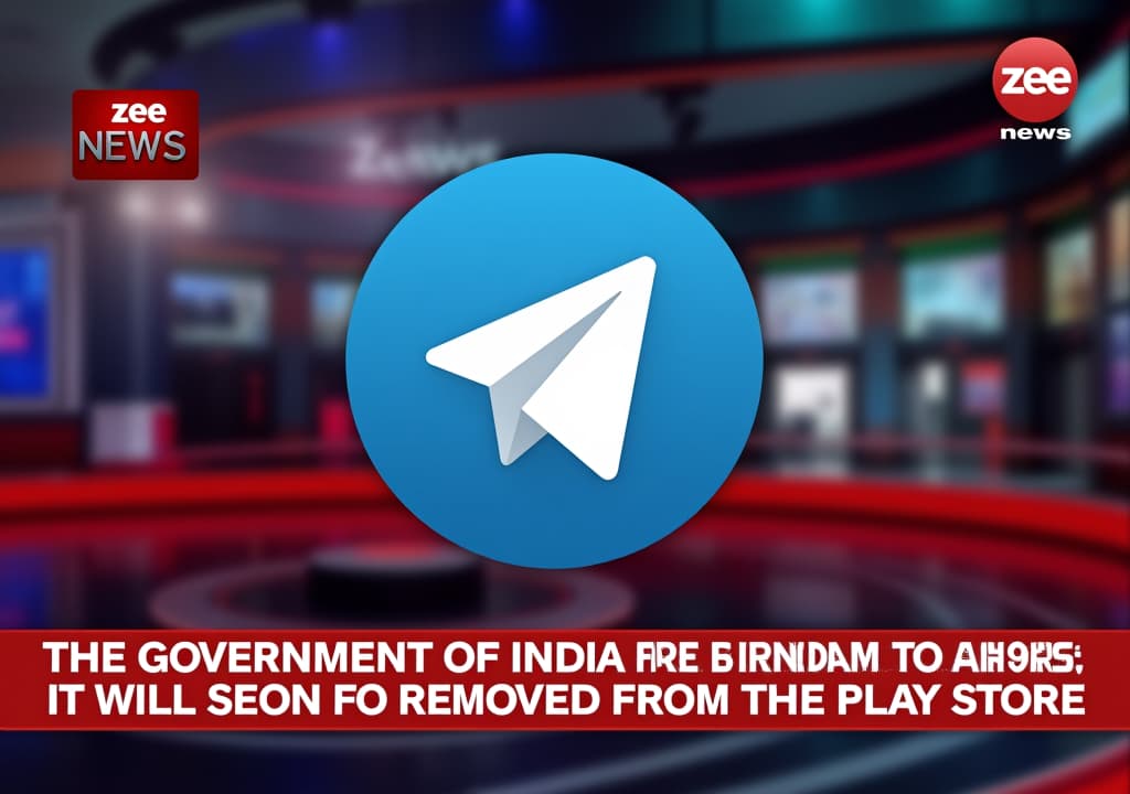  create a breaking news scene with a headline in "the government of india has banned the social app telegram. it will soon be removed from the play store." the design should feature a bold red banner with white and yellow accents, similar to typical news channel layouts. the logo of the news channel "zee news" should be visible in the corner. the text should be bold, and the background should have a dynamic, newsworthy atmosphere with subtle gradients or textures.