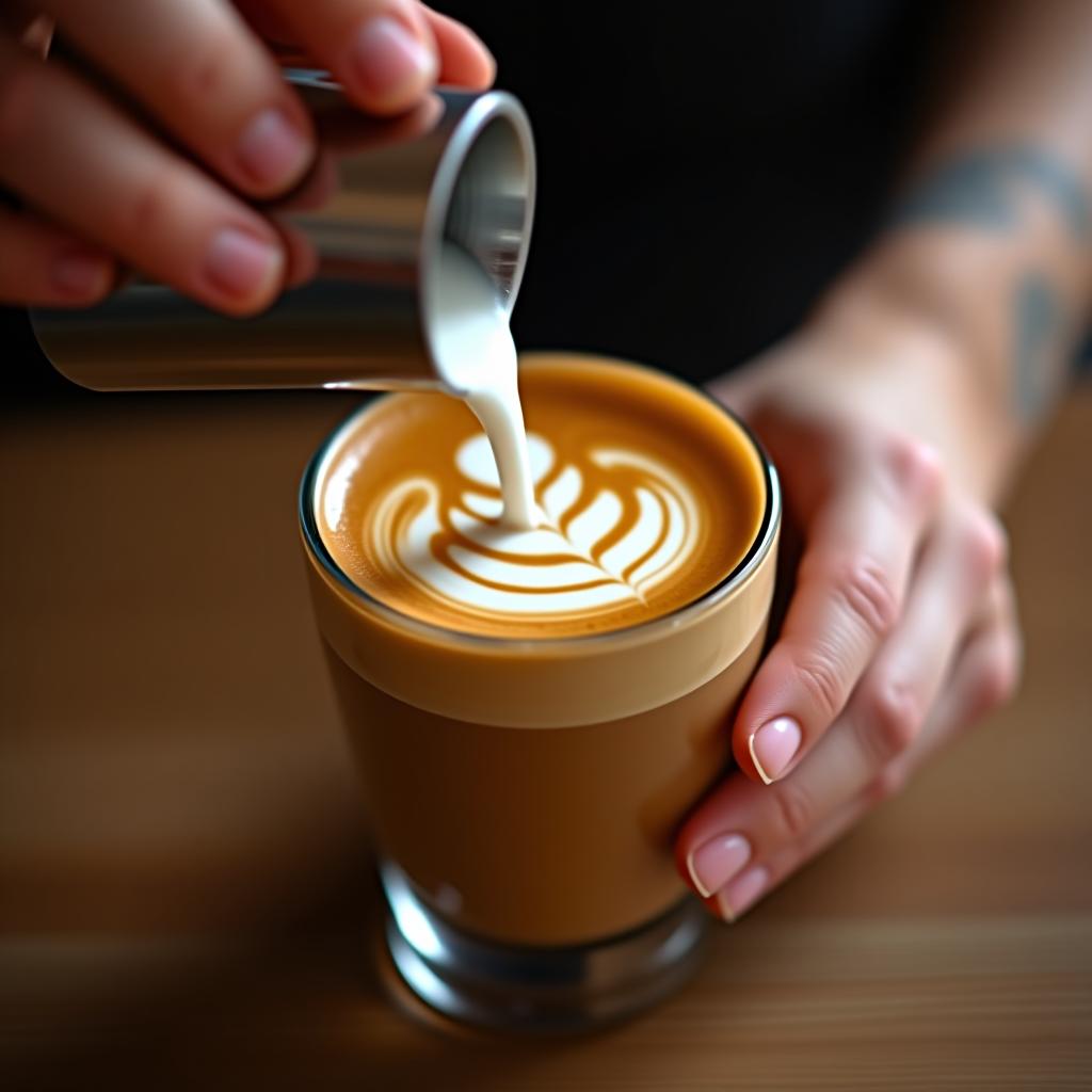  the art of latte. a skilled hand pours steamed milk into a coffee glass, creating an intricate latte art pattern on a warm and cozy backdrop