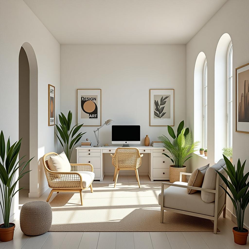  this unedited 8k photograph captures a home office workspace designed in the ibicenco style, characterized by white washed walls and rustic elegance. the room, illuminated by soft daylight, features a symmetrical balance and hyperrealistic details. the color scheme centers on variations of white, including off white (rgb 255, 255, 240), silk white, cream white, antique white, and chalk white, professionally color graded for a stunning visual effect. intricate furnishings and dense decorations enhance the scene, while posters labeled "design," "art," and "color" adorn the walls. the background's soft, diffused light and hdr techniques contribute to the image's painterly, matte finish. this digital artwork reflects a sharp focus on the interi