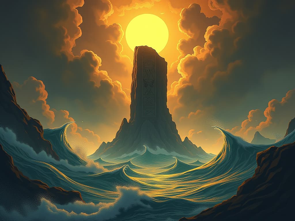  primordial landscape with ancient stone rising from the chaotic waters, golden light breaking through dark clouds, aura of new beginnings. the style is digital art illustration / modern comic book / mysterious occult, symbolic, esoteric vibe,high detail on character design, incorporating ancient egyptian symbology and attire.