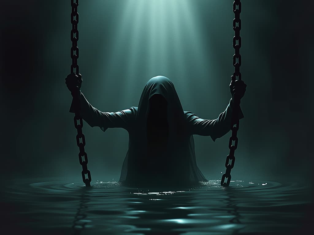  a shadowed figure submerged in deep water, struggling against the weight of chains adorned with runes signifying regret and guilt, dark hues, ethereal light filtering through from above.. the style is dark fantasy and mysterious occult, symbolic, moody lighting, esoteric vibe,high detail on character design. for the color scheme emphasize blacks and reds.