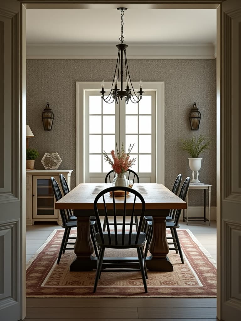  high quality portrait photo of a bright farmhouse dining area with a striking wall covered in vintage pressed tin tiles, complemented by a large farmhouse table and windsor chairs, photographed from the entrance hyperrealistic, full body, detailed clothing, highly detailed, cinematic lighting, stunningly beautiful, intricate, sharp focus, f/1. 8, 85mm, (centered image composition), (professionally color graded), ((bright soft diffused light)), volumetric fog, trending on instagram, trending on tumblr, HDR 4K, 8K