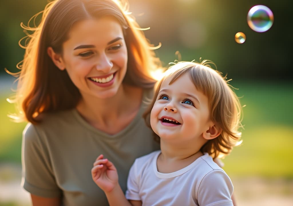  smiling mother and enjoying time together. family moments, care, and the simple joys of parenthood. the 's delight is infectious as she reaches for the bubbles