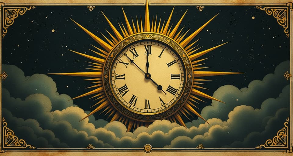  a clock striking twelve, golden rays bursting from it, symbolic of destiny, new beginning, time's fulfillment. an illustration in the style of a worn, mystical old tarot trump card, mysterious and elements of surrealism. the colors are muted, somber and eerie, but with contrast bring out an occult and esoteric vibe.