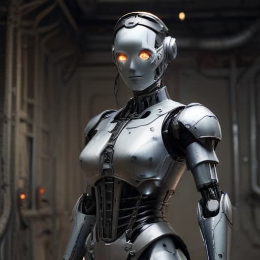 A metal robot maid with lights en a maid suit without a face with pretty curves and a female body standing in a bunker