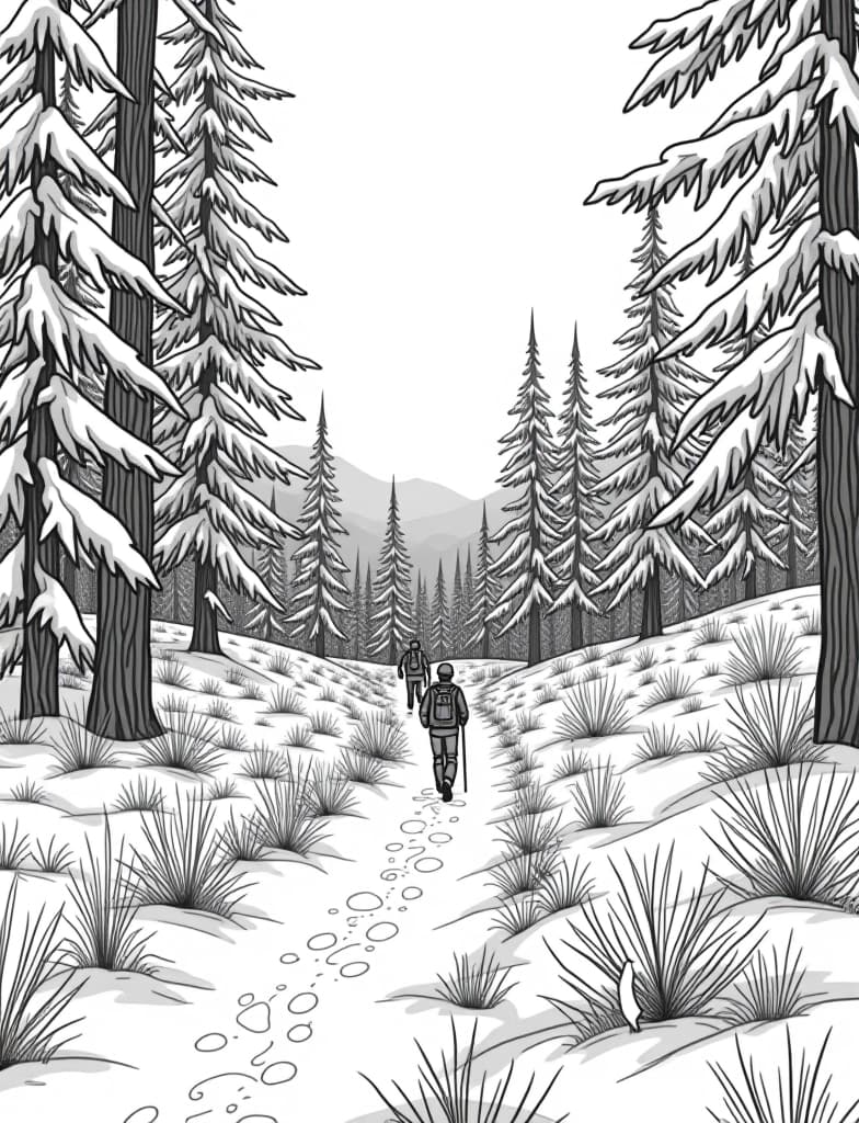  this is for an adult coloring page. a detailed black and white line art of a snowy snowy woodland trail with a group of hikers walking on a solid white background.