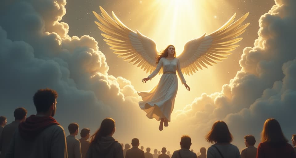  ethereal angel with flowing robes ascending, shadowy figures below in awe and regret, uplifted by divine light. the style is digital art illustration,highly detailed, whimsical,magical, dreamlike atmosphere, realism and fantasy blend, smooth, glossy textures,luminous quality, wonder and enchantment.