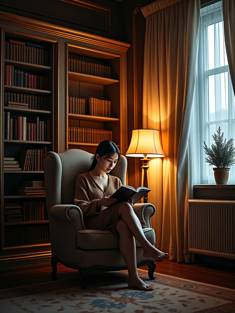  high quality portrait photo of a cozy reading nook in a classic living room, with a wingback chair, built in bookshelves, and a warm table lamp, exuding timeless charm hyperrealistic, full body, detailed clothing, highly detailed, cinematic lighting, stunningly beautiful, intricate, sharp focus, f/1. 8, 85mm, (centered image composition), (professionally color graded), ((bright soft diffused light)), volumetric fog, trending on instagram, trending on tumblr, HDR 4K, 8K