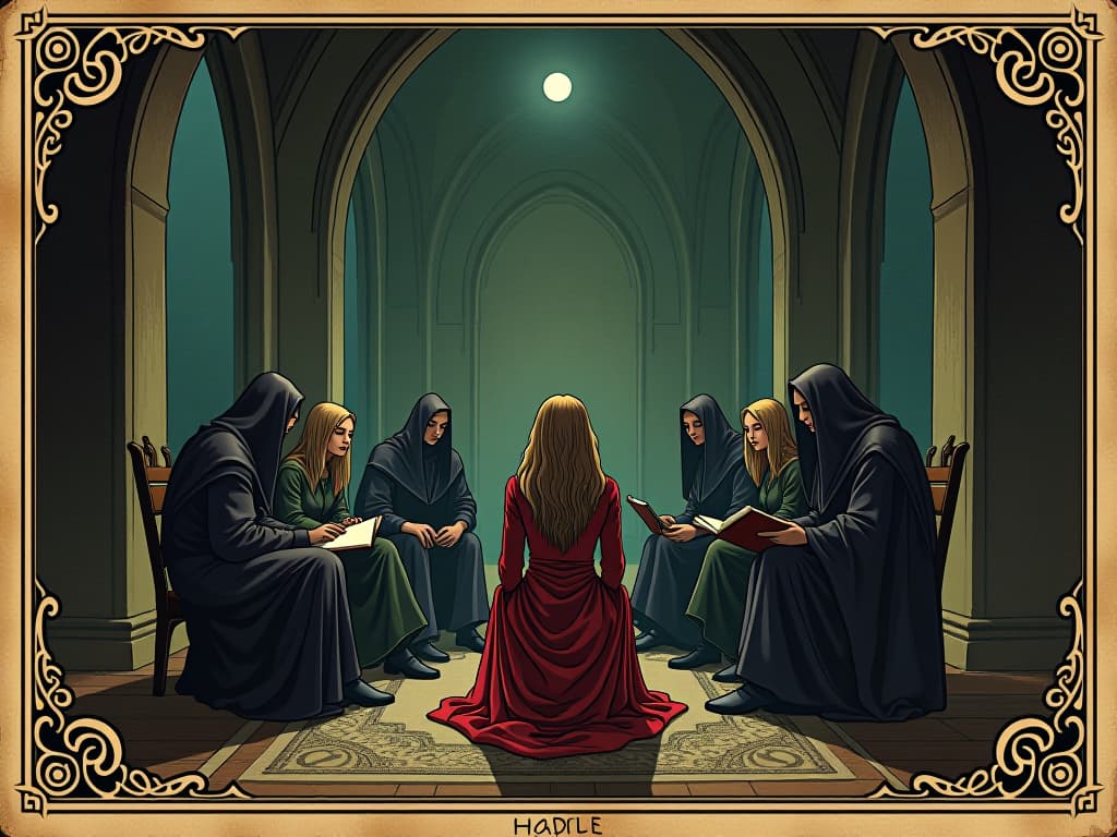  circle of figures seated in a dimly lit room, sharing stories, atmosphere of camaraderie and support. an illustration in the style of a worn, mystical old tarot trump card, mysterious and elements of surrealism. the colors are muted, somber and eerie, but with contrast bring out an occult and esoteric vibe.