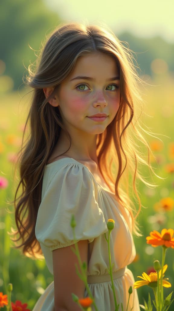  a with delicate features and expressive eyes stands in a sunlit meadow, surrounded by wildflowers. her long, flowing hair dances in the gentle breeze, and her soft, thoughtful expression conveys a deep sense of sensitivity and wonder. the background is a vint blend of greens and colorful blooms, embodying the harmony of nature.