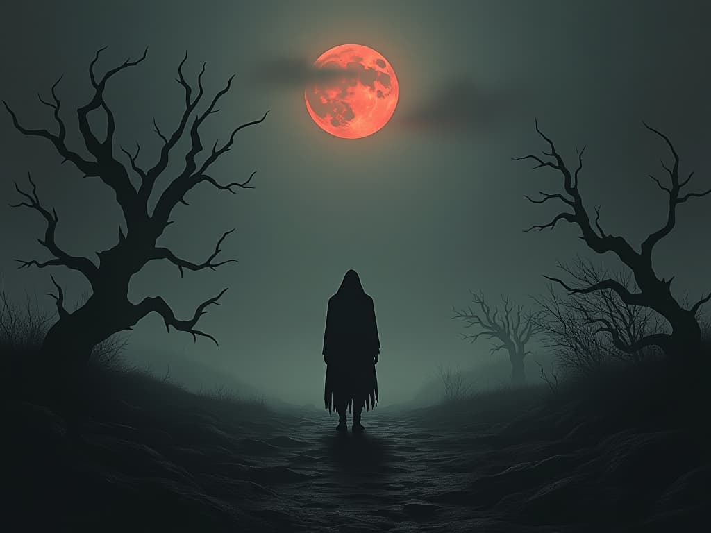  a solitary figure standing in a barren, shadowy landscape under a dim moonlight, surrounded by thorn covered vines and withered trees. the air is thick with fog, symbolizing missed opportunities, a sense of stagnation and loneliness.. the style is dark fantasy and mysterious occult, symbolic, moody lighting, esoteric vibe,high detail on character design. for the color scheme emphasize blacks and reds.