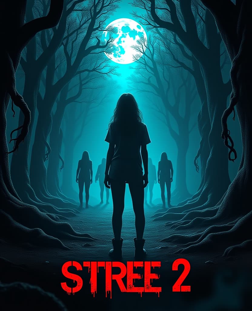  a hyper realistic poster for "stree 2" starring shraddha kapoor. she stands in a dense forest at twilight, surrounded by ancient trees with twisted roots. her expression is one of fear and determination, as ghostly apparitions emerge from the shadows. the moonlight creates an eerie, bluish glow over the scene.