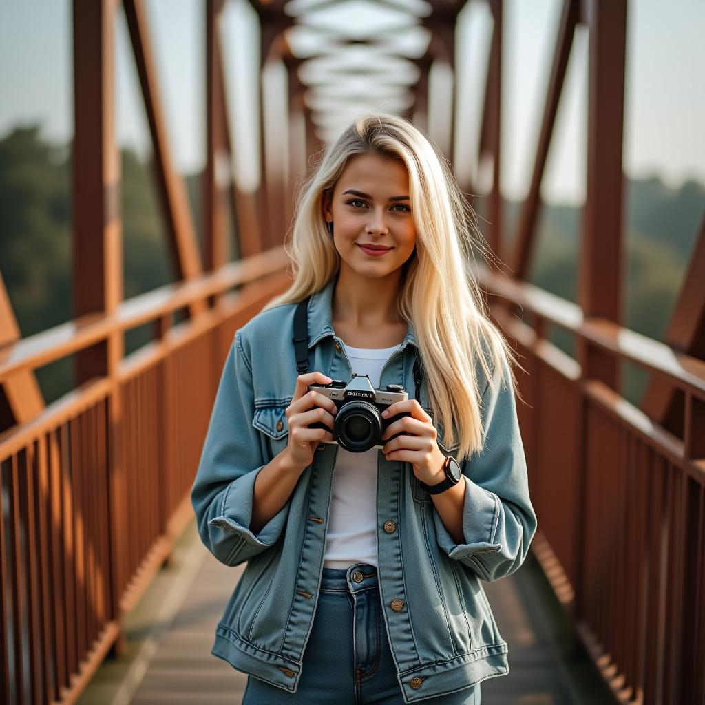  a blonde girl photographer is standing on a retro bridge, holding a camera in her hands.