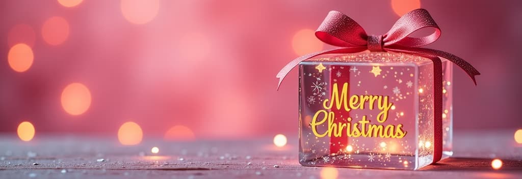  transparent glass christmas gift with glass bow, golden glowing text “merry christmas”, festive pink bokeh background ar 3:1 {prompt}, maximum details