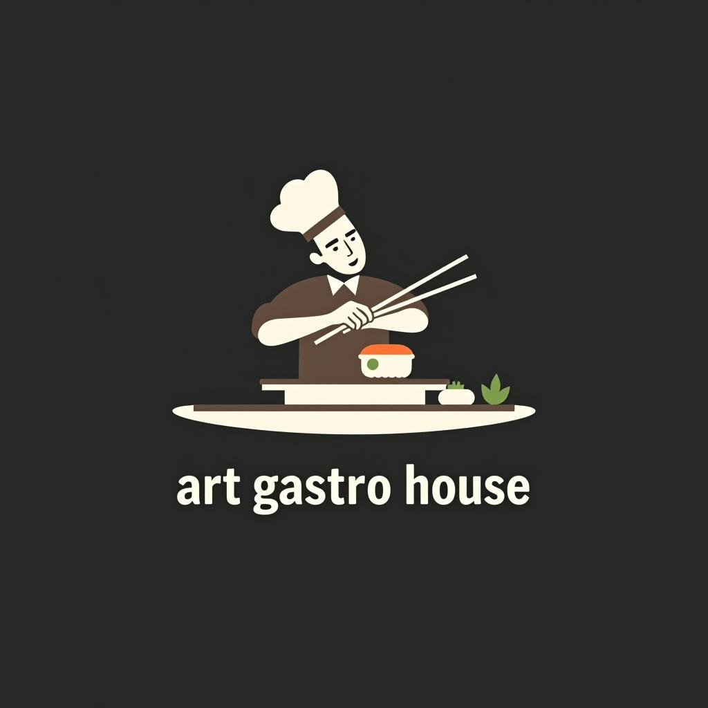  design a logo, in a minimalism style. fundo branco silhueta de cozinheiro montando prato de sushi, entregas de comida , with the text 'art gastro house'.