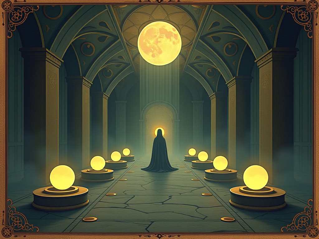  spiritual sanctuaries, glowing orbs, serene environment, delicate balance, light filled atmosphere, sense of purity. an illustration in the style of a worn, mystical old tarot trump card, mysterious and elements of surrealism. the colors are muted, somber and eerie, but with contrast bring out an occult and esoteric vibe.