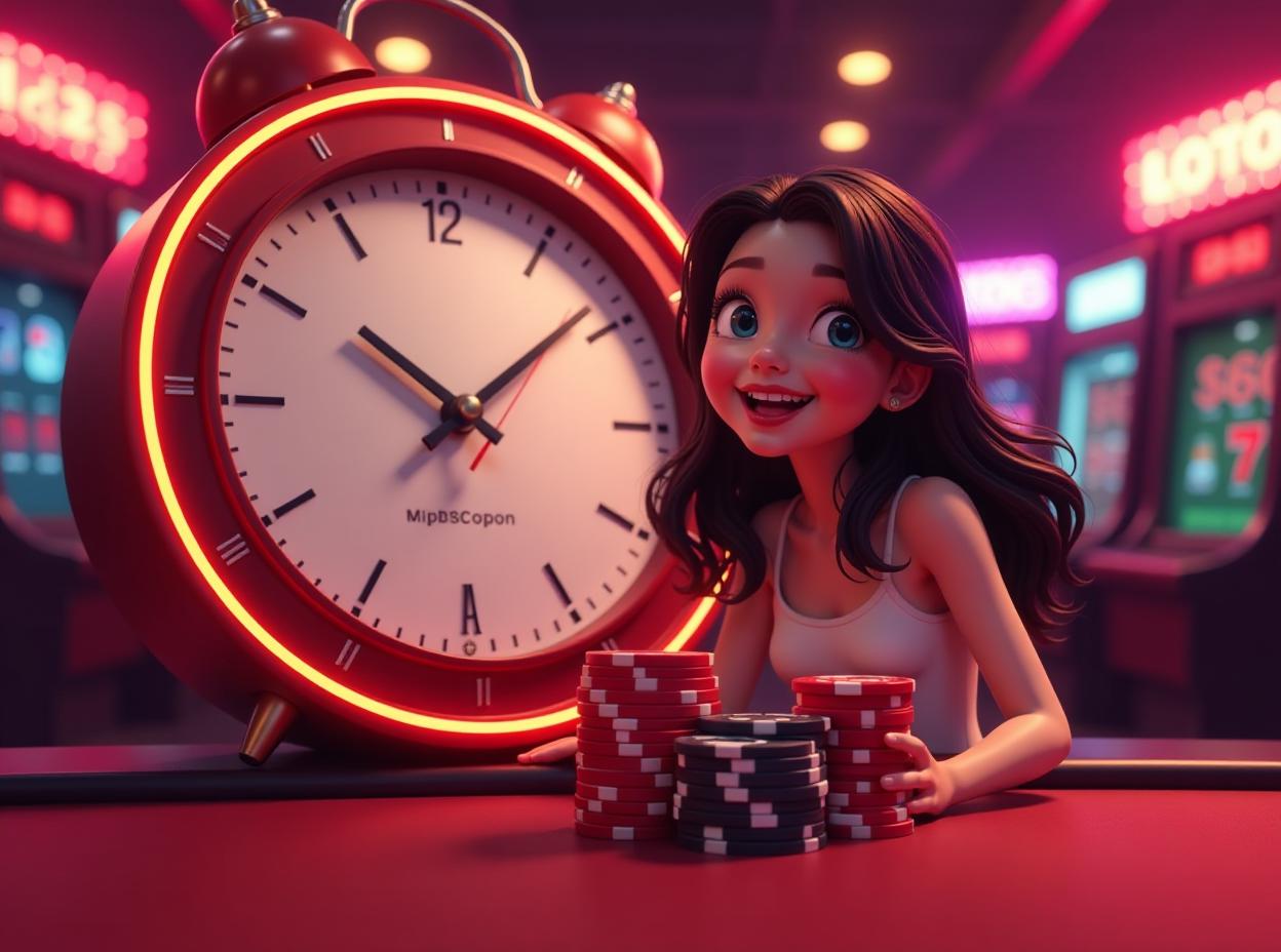  a casino theme with a clock and casino chips with a girl infront happy because she won a lottery on a red background with a stream of lights and a neon colored background, andries stock, incoherents, highly detailed digital art, computer graphics, cartoonish,, high quality, high details, hd, perfect composition, 4k epic detailed, highly detailed, sharp focus, high resolution