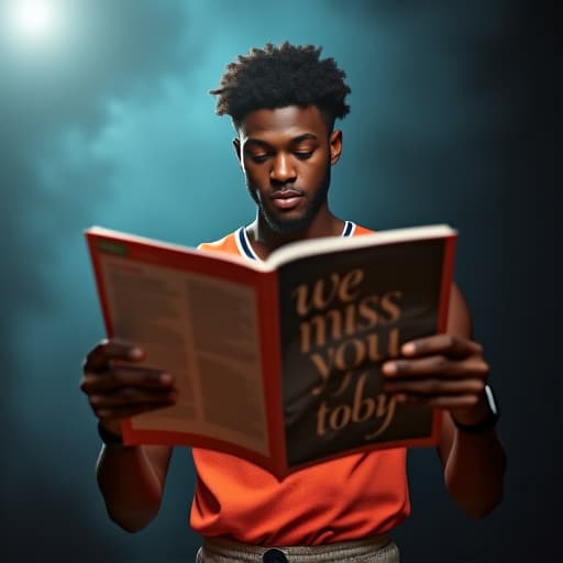  a basketball player reading a magazine, where the magazine has 'we miss you toby' hyperrealistic, full body, detailed clothing, highly detailed, cinematic lighting, stunningly beautiful, intricate, sharp focus, f/1. 8, 85mm, (centered image composition), (professionally color graded), ((bright soft diffused light)), volumetric fog, trending on instagram, trending on tumblr, HDR 4K, 8K