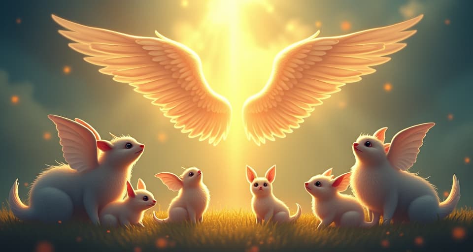  magical creatures basking under the radiant presence of an angel. mood: serene, harmonious.. the style is digital art illustration,highly detailed, whimsical,magical, dreamlike atmosphere, realism and fantasy blend, smooth, glossy textures,luminous quality, wonder and enchantment.