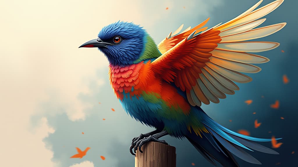  a painting of a colorful bird with vivid hues on its wings and back