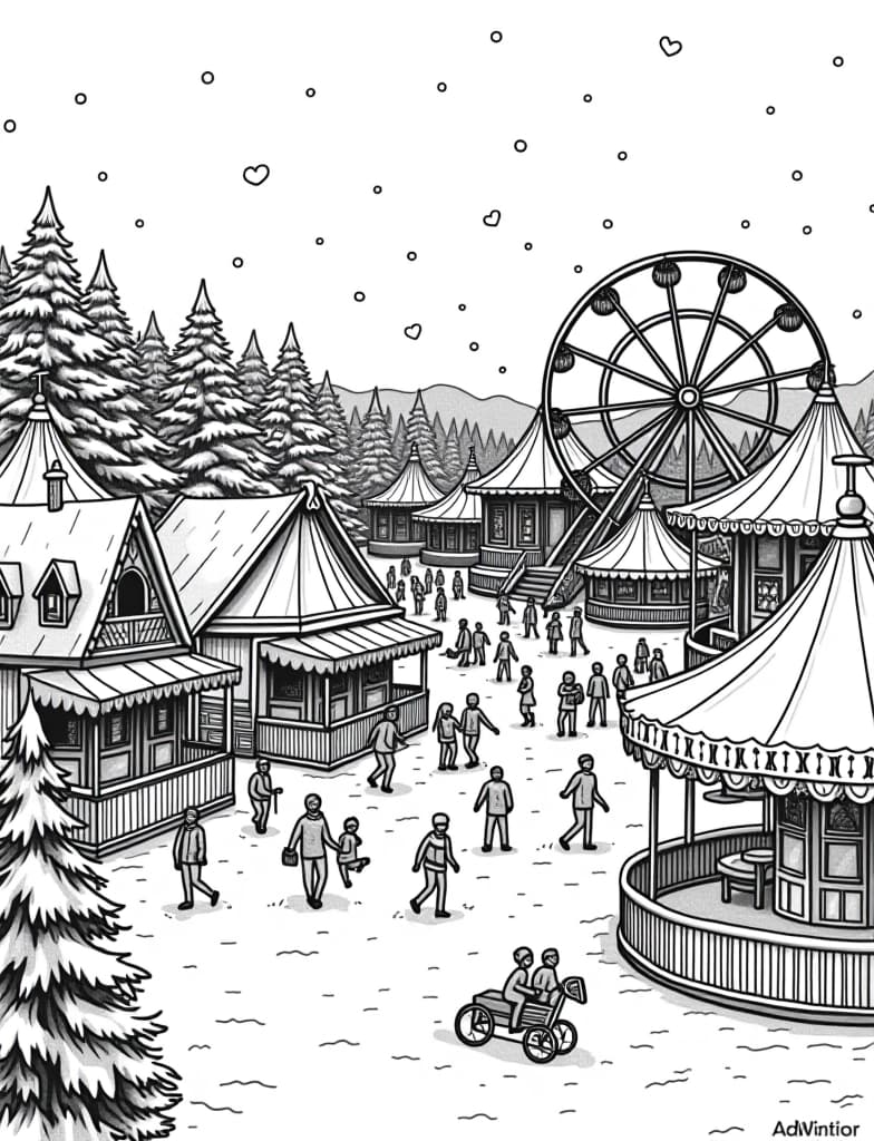  this is for an adult coloring page. a detailed black and white line art of a snowy winter carnival with people enjoying rides and games in the snow on a solid white background.