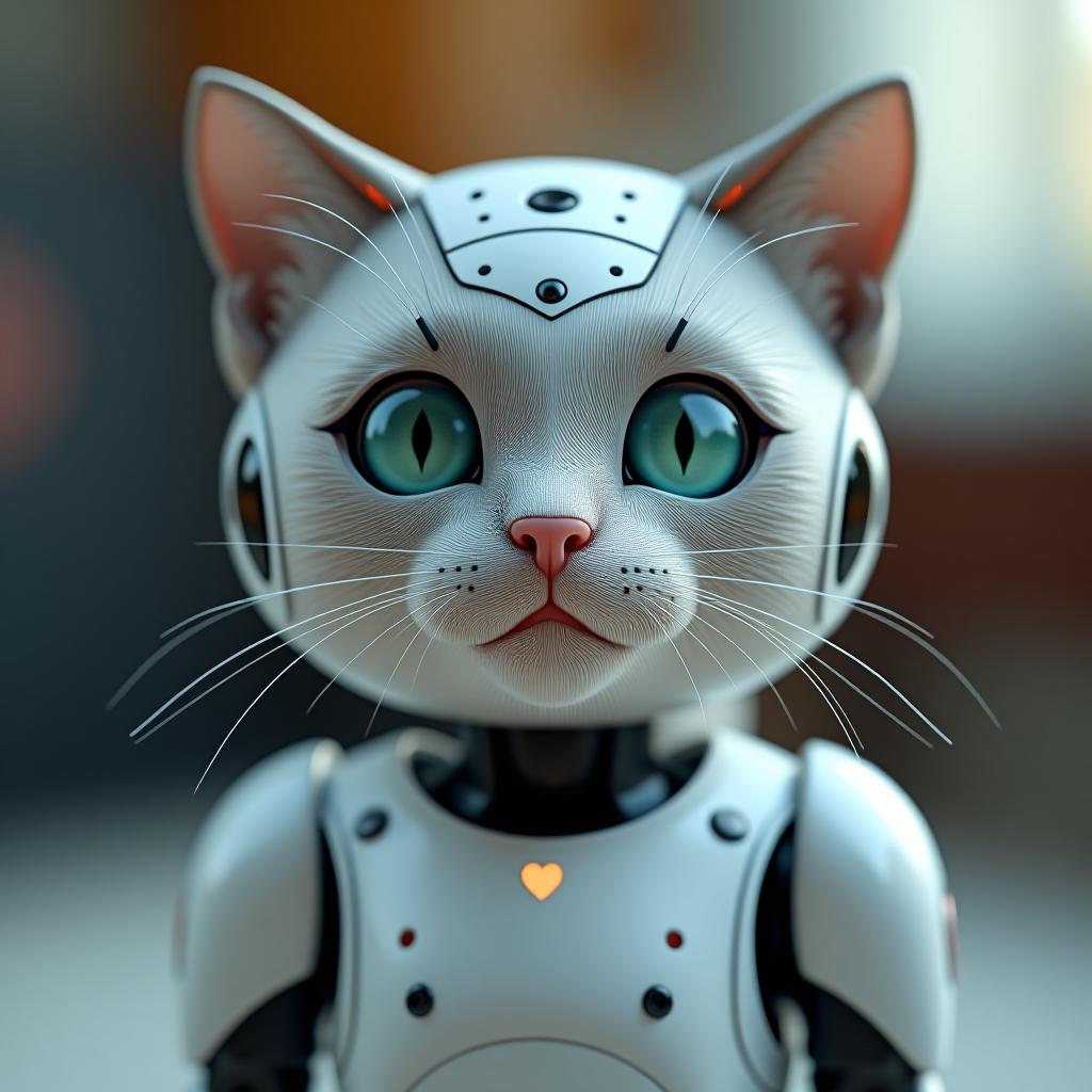  a cat robotic, cute, white themehyper detail, intricate details, sharp focus, high resolution, 8k, ultra detailed, vib