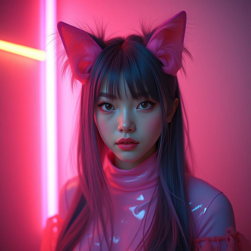  a photo realistic 40 asian cosplaying as a cat , and her outfit is vint and eye catching. her body captures her beauty and the lively colors of her clothing, making it an interesting and visually appealing piece of art. beautiful perfect eyes, perky s, a korean goddess . beautiful perfect eyes, perky s, a korean goddess . geometric shapes, bold colors, dynamic composition,beautiful perfect eyes, perky s, a korean goddess . cyberpunk, vaporwave, neon, vibes, vint, stunningly beautiful, crisp, detailed, sleek, ultramodern, magenta highlights, dark purple shadows, high contrast, cinematic, ultra detailed, intricate, professional, (masterpiece), (best quality), (ultra detailed), she is a cat , and her ou hyperrealistic, full body, detailed clothing, highly detailed, cinematic lighting, stunningly beautiful, intricate, sharp focus, f/1. 8, 85mm, (centered image composition), (professionally color graded), ((bright soft diffused light)), volumetric fog, trending on instagram, trending on tumblr, HDR 4K, 8K