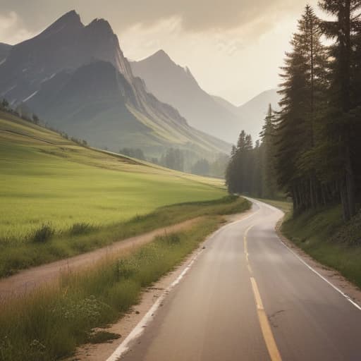 Depict a serene landscape with earthy tones and elements like mountains, trees, and fields. Integrate subtle automotive pieces into the scenery, such as a winding road or a sleek car in the distance, symbolizing the harmony between nature and technology.