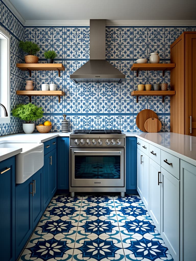  high quality portrait photo of a close up of intricately patterned encaustic cement tiles in a kitchen, featuring bold geometric designs in blue and white hyperrealistic, full body, detailed clothing, highly detailed, cinematic lighting, stunningly beautiful, intricate, sharp focus, f/1. 8, 85mm, (centered image composition), (professionally color graded), ((bright soft diffused light)), volumetric fog, trending on instagram, trending on tumblr, HDR 4K, 8K