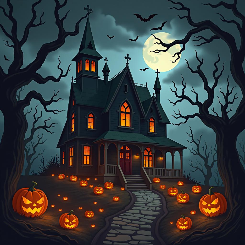  create a seamless digital painting of a spooky, halloween themed scene featuring a haunted house with gothic architecture. the house should be surrounded by twisted, gnarled trees and a multitude of jack o' lanterns. the scene should include a dark, cloudy sky to enhance the eerie atmosphere. the overall style should be detailed and atmospheric, capturing the essence of a haunted, creepy environment perfect for halloween, ensuring the design is seamless for use in repeating patterns or wraps.