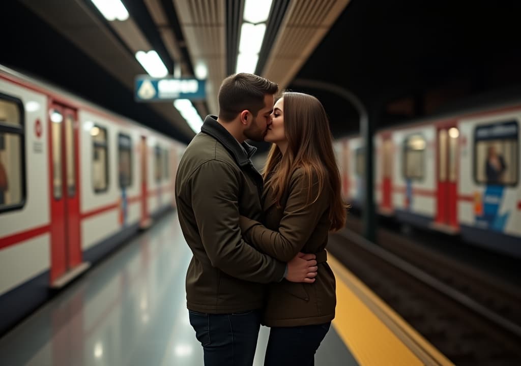  couple kissing on subway platform