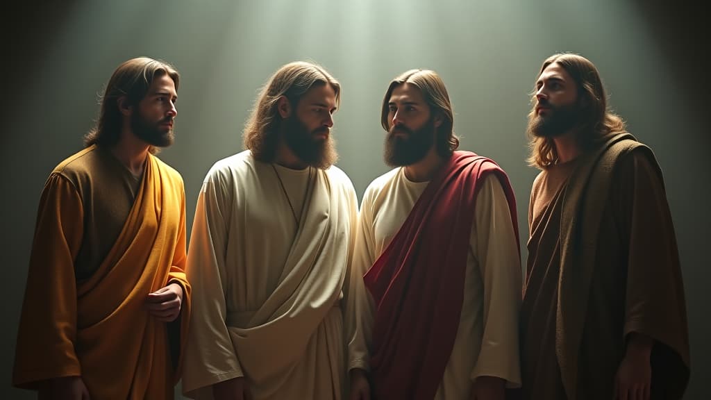  an artistic interpretation of the four gospels: matthew, mark, luke, and john showcasing their unique insights. hyperrealistic, full body, detailed clothing, highly detailed, cinematic lighting, stunningly beautiful, intricate, sharp focus, f/1. 8, 85mm, (centered image composition), (professionally color graded), ((bright soft diffused light)), volumetric fog, trending on instagram, trending on tumblr, HDR 4K, 8K