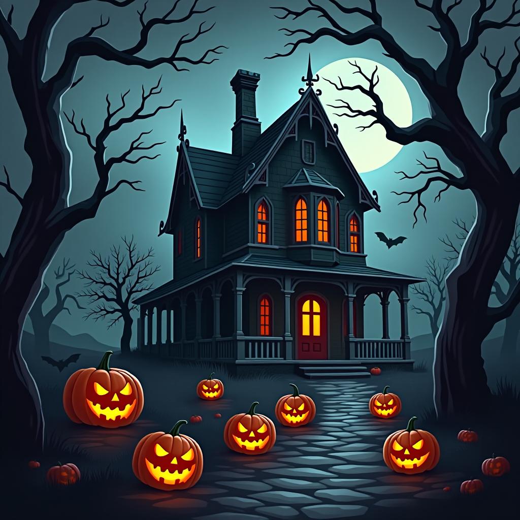  create a seamless digital painting of a spooky, halloween themed scene featuring a haunted house with gothic architecture. the house should be surrounded by twisted, gnarled trees and a multitude of jack o' lanterns. the scene should include a dark, cloudy sky to enhance the eerie atmosphere. the overall style should be detailed and atmospheric, capturing the essence of a haunted, creepy environment perfect for halloween, ensuring the design is seamless for use in repeating patterns or wraps.